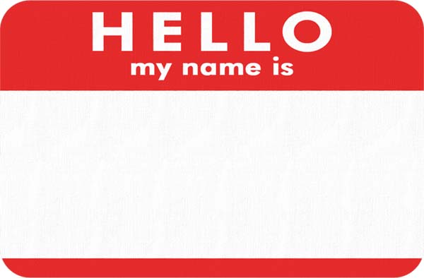 A nametag sticker with the words 'Hello, my name is'