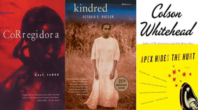 Book cover of 'CoRregidor a' by Gayl Jones, book cover of 'Kindred' by Octavia E. Butler and book cover of 'Apex Hides the Hurt' by Colson Whitehead