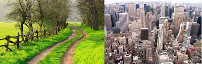 left image of urban area, right image of New York City