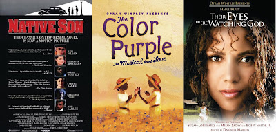 Movie cover of 'Native Son', movie cover of 'The Color Purple' and the movie cover of 'Their Eyes were Watching God'