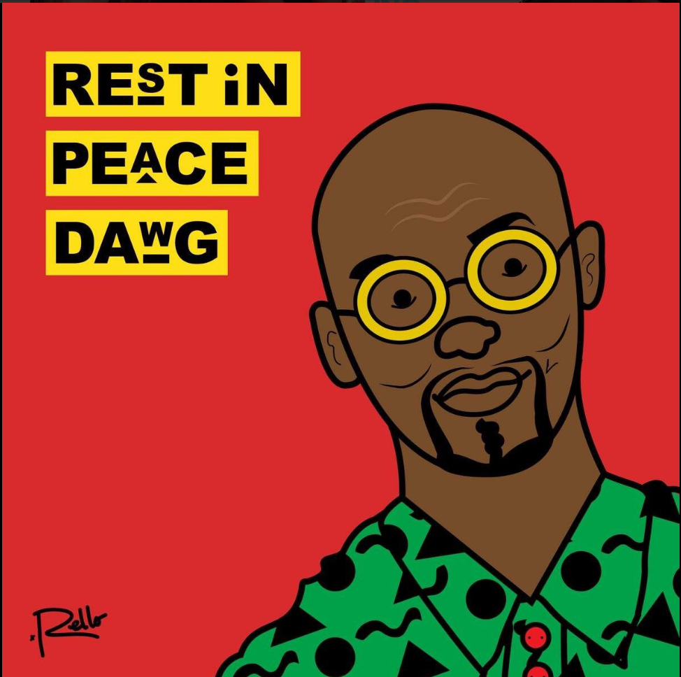 painted image of Thomas Mikal Ford with message which says rest in peace dawg