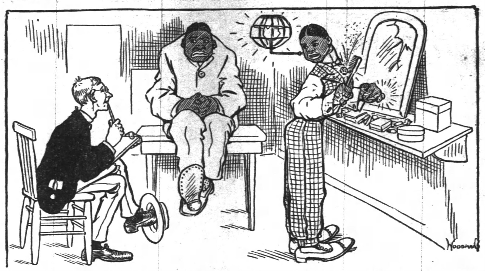 In the illustration, there is a scene featuring two African American individuals. The male figure is seated, slouched on a table, while the female is depicted standing in front of a mirror, attentively tending to her hair. Both of them share a focused gaze directed towards a white man who holds a notepad, capturing their attention