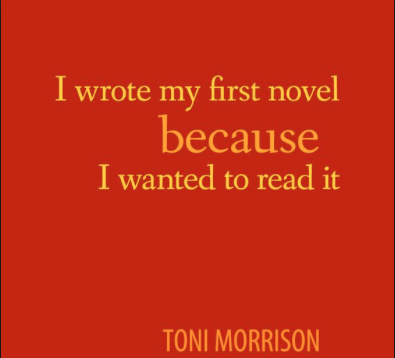 red backgroung with yellow text that says "I wrote my first novel because I wanted to read it" by Tim Morrison