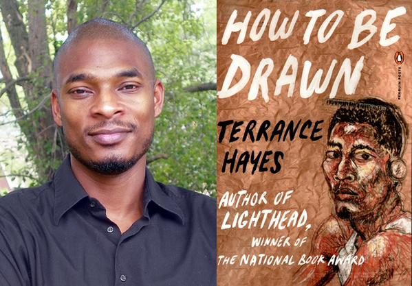 "Terrance Hayes on left. Cover of the book 'How to be Drawn' on right"