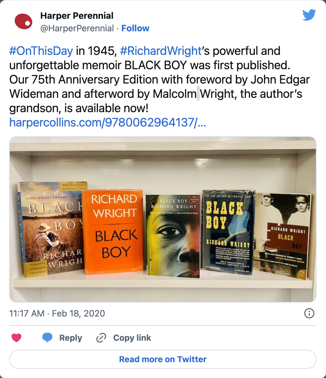 "A tweet displaying a picture of several 'Black Boy' books with different covers"