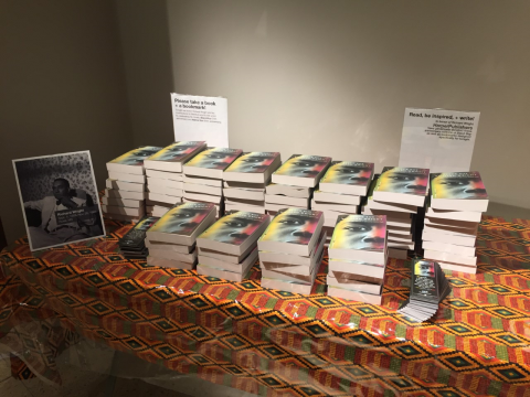 "A table with stacks of copies of 'Black Boy'"