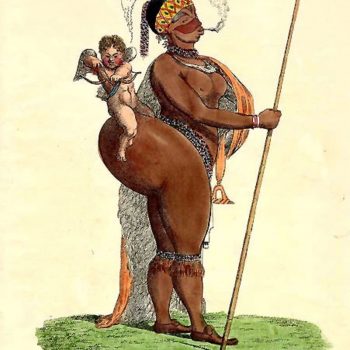 "A caricature of Sarah Baartman, a Black woman who was hypersexualized in European art and used to reinforce negative sexual stereotypes."