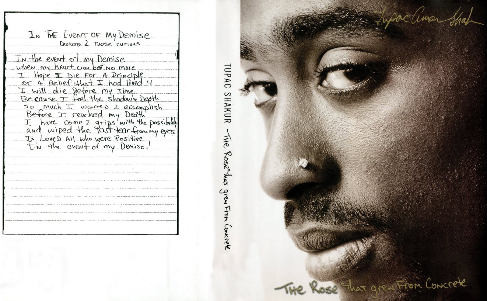 "Picture of Tupac Shakur next to the lyrics of his song "In the Event of My Demise""