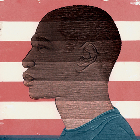 "A drawing of a black man in front of the red and white stripes"