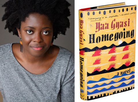 "Yaa Gyasi next to her book 'Homegoing'"