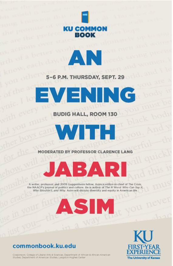 Flyer for an evening with Jabari Asim September 29th, 2016