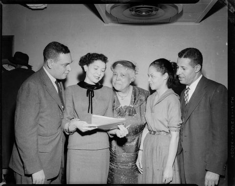 "NAACP Pennsylvania State Conference (Pittsburgh), Circa 1950s (L-R) Henry Smith, president; Marion B. Jordon, executive secretary; Daisy Lampkin, executive committee and national board member; Mildred Bond (Roxborough), NAACP field secretary; Charles Foggie, branch president. Photo by Harris Photo, Pittsburgh, PA. Copyright Carnegie Museum of Art, Charles “Teenie” Harris Archive, Pittsburgh, PA."