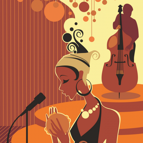 "Cartoon image of a black woman singing to a mic with a shadow figure playing a cello"