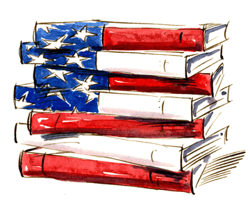 "The American flag made up by a stack of books"