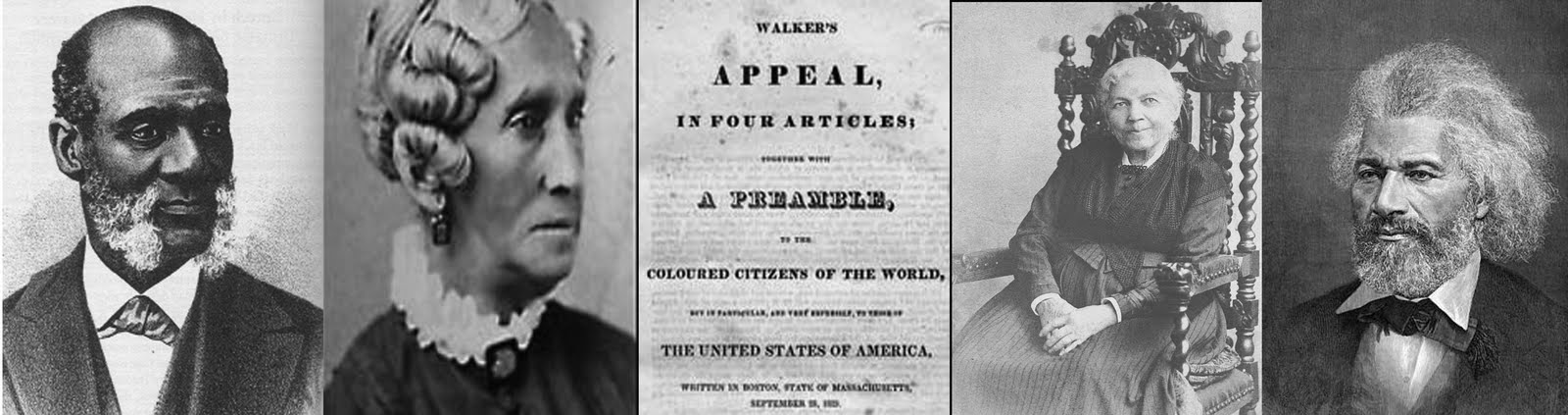 "A combined group photo of Henry Highland Garnet, Maria Stewart, Harriet Jacobs, & Frederick Douglass with the cover of 'Walker's Appeal' in the middle"