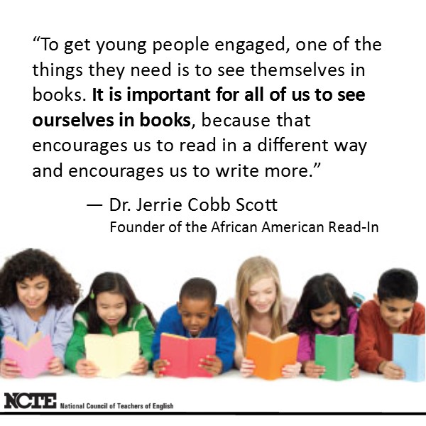 "A group of kids reading books with a quote from Dr. Jerrie Cobb Scott at the top"