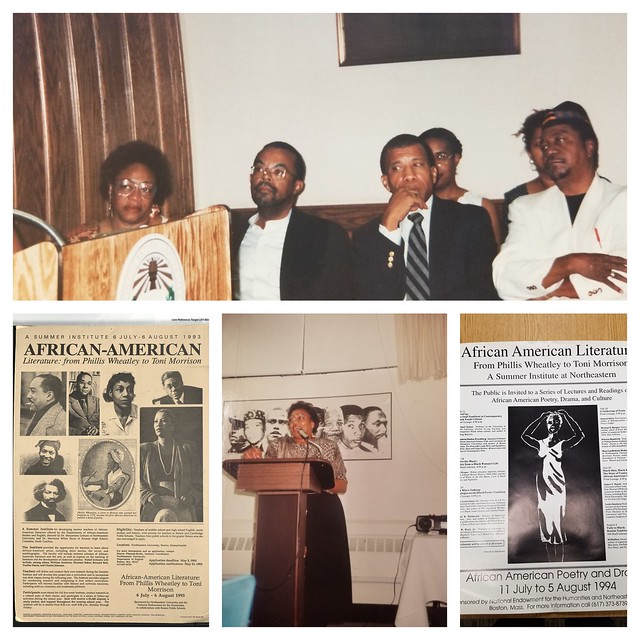 Top photo from left to right Co-director Dr. Marianna Davis, Henry Louis Gates, Dr. Jerry Ward, and Eugene Redmond. Poster for the first and second installment of Phillis Wheatley to Toni Morrison.