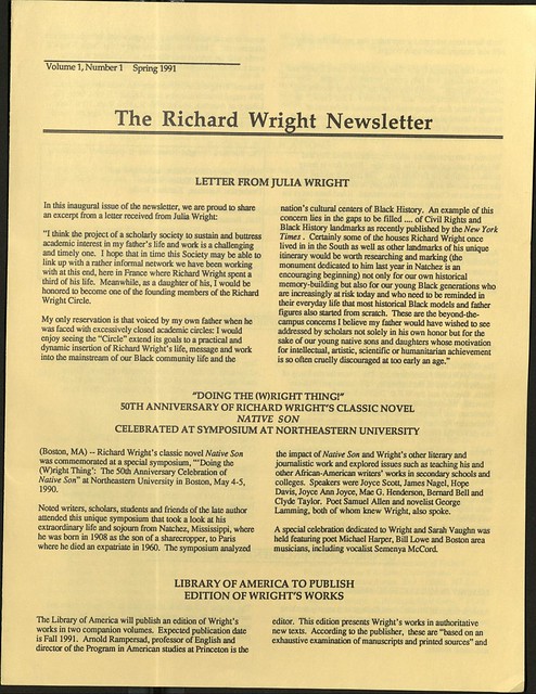 Front Page of the inaugural edition of the Richard Wright Society Newsletter in Spring 1991